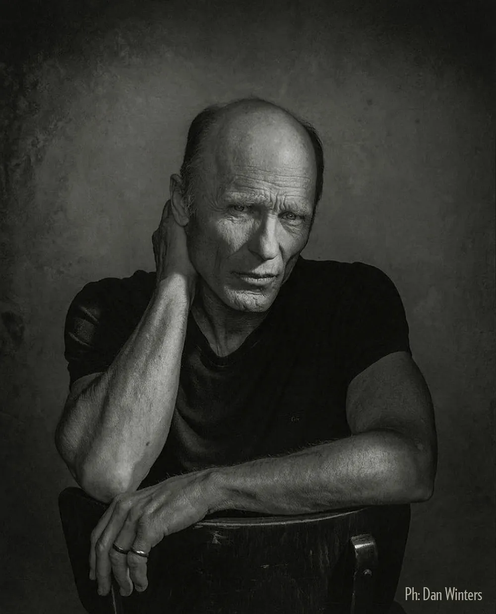 unique-backdrops-dan-winters-2 Medium grey photo studio backdrop. Best for studio portrait photography. Portrait of Ed Harris by Dan Winters